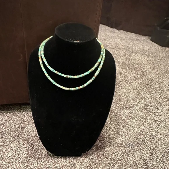 Hand Crafted Chic Turquoise Double Strand Necklace with Sterling Silver Cones.